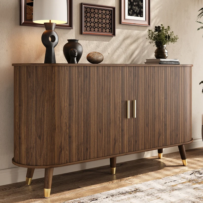 Buffet rétro vintage effet noyer 2 portes coulissantes, 2 tiroirs, pieds bois et points dorés design arrondi CASCADENYX