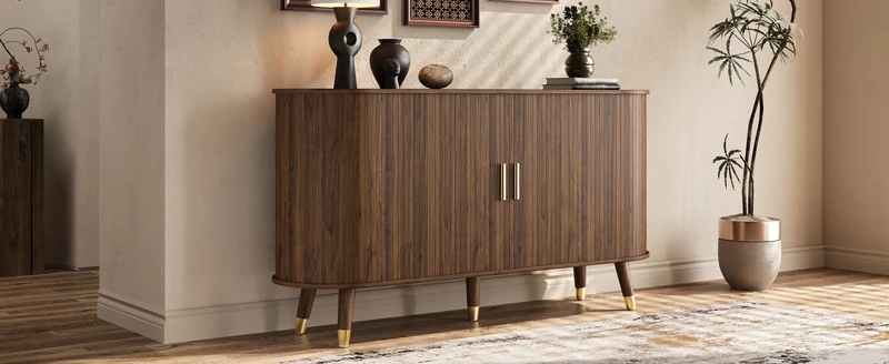 Buffet rétro vintage effet noyer 2 portes coulissantes, 2 tiroirs, pieds bois et points dorés design arrondi CASCADENYX