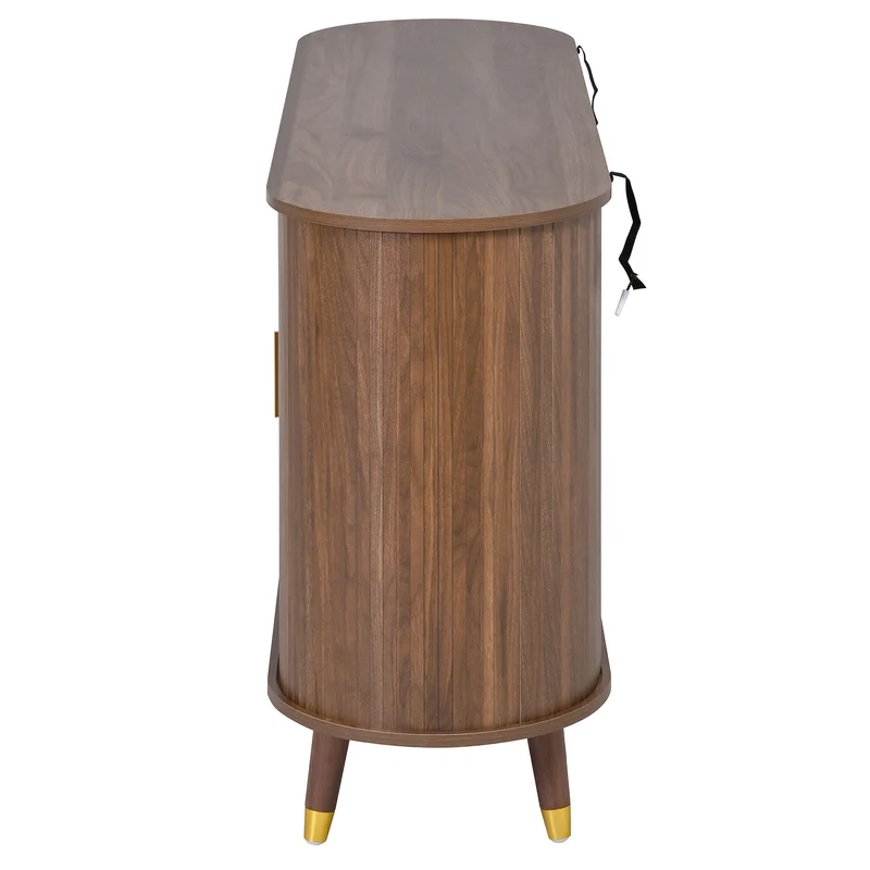 Buffet rétro vintage effet noyer 2 portes coulissantes, 2 tiroirs, pieds bois et points dorés design arrondi CASCADENYX