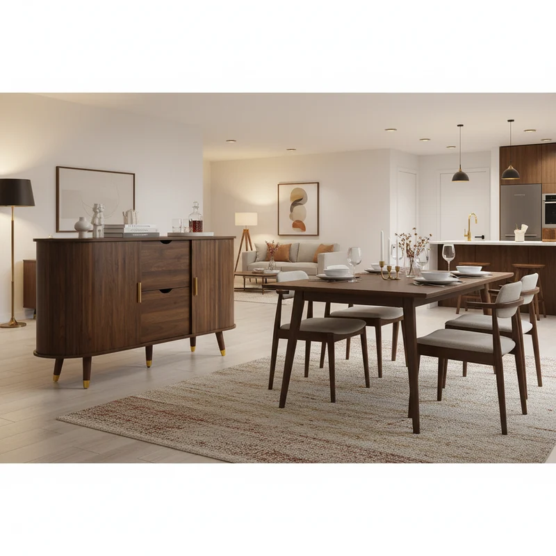 Buffet rétro vintage effet noyer 2 portes coulissantes, 2 tiroirs, pieds bois et points dorés design arrondi CASCADENYX