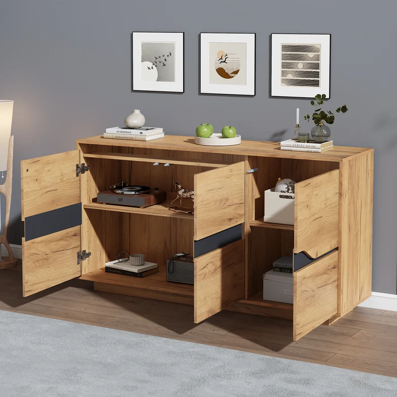 Buffet industriel effet bois et noir 3 portes 140x40x70 cm RIFTZORVAKYNOR
