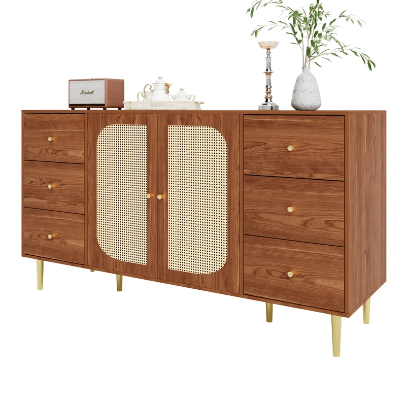 Buffet rétro effet bois 2 portes en rotin et 6 tiroirs 160x40x90 cm STARLEAF