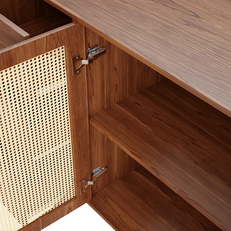 Buffet rétro effet bois 2 portes en rotin et 6 tiroirs 160x40x90 cm STARLEAF