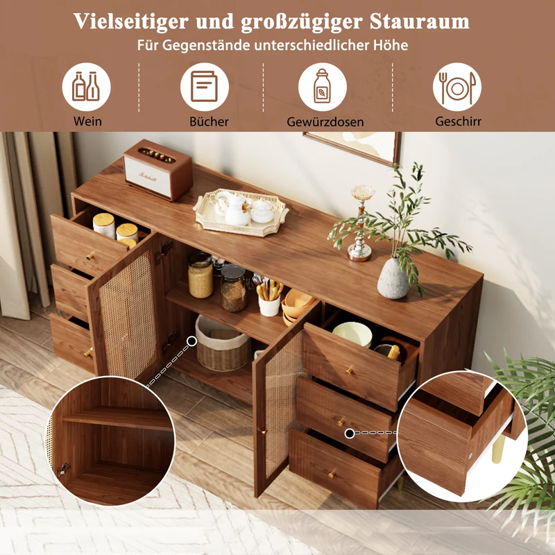 Buffet rétro effet bois 2 portes en rotin et 6 tiroirs 160x40x90 cm STARLEAF
