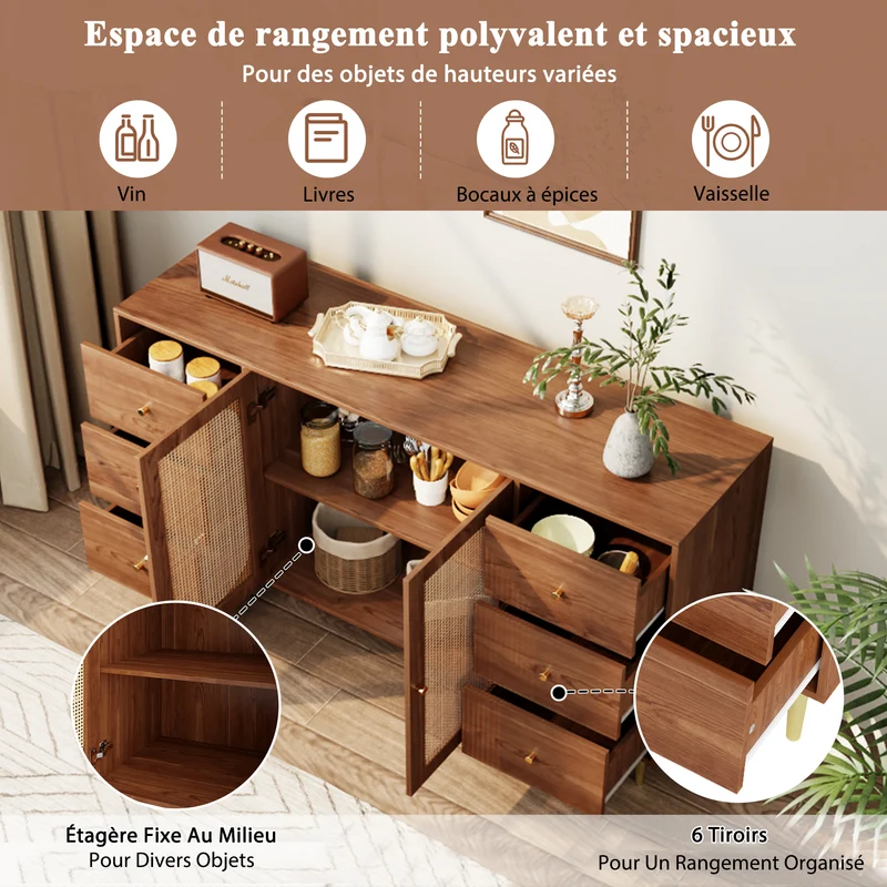 Buffet rétro effet bois 2 portes en rotin et 6 tiroirs 160x40x90 cm STARLEAF
