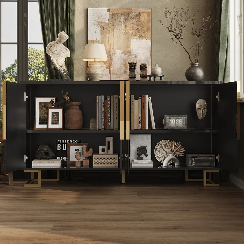 Buffet noir design géométrique détails dorés 152x40x75 cm RIFTSYLTHYN