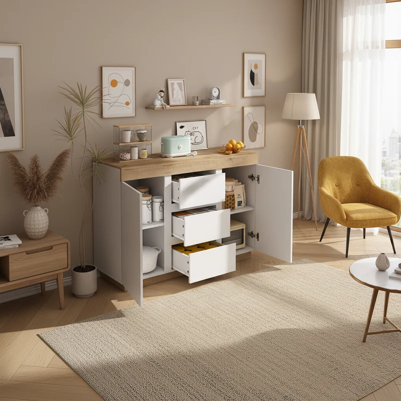 Buffet blanc et effet chêne 3 tiroirs 2 portes 120,5 * 40,2 *82,5 cm CASCADEORBIT