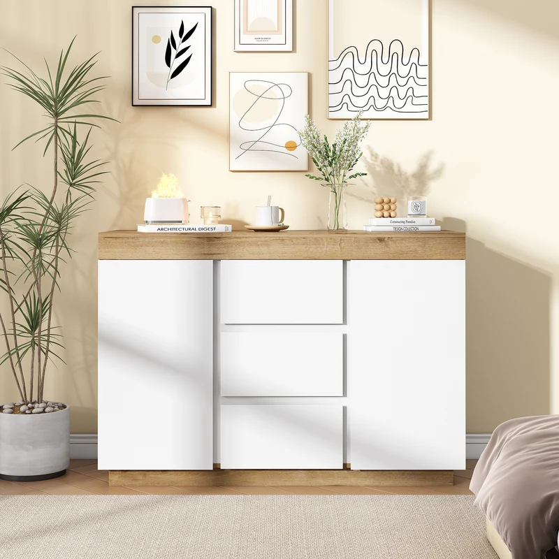Buffet blanc et effet chêne 3 tiroirs 2 portes 120,5 * 40,2 *82,5 cm CASCADEORBIT