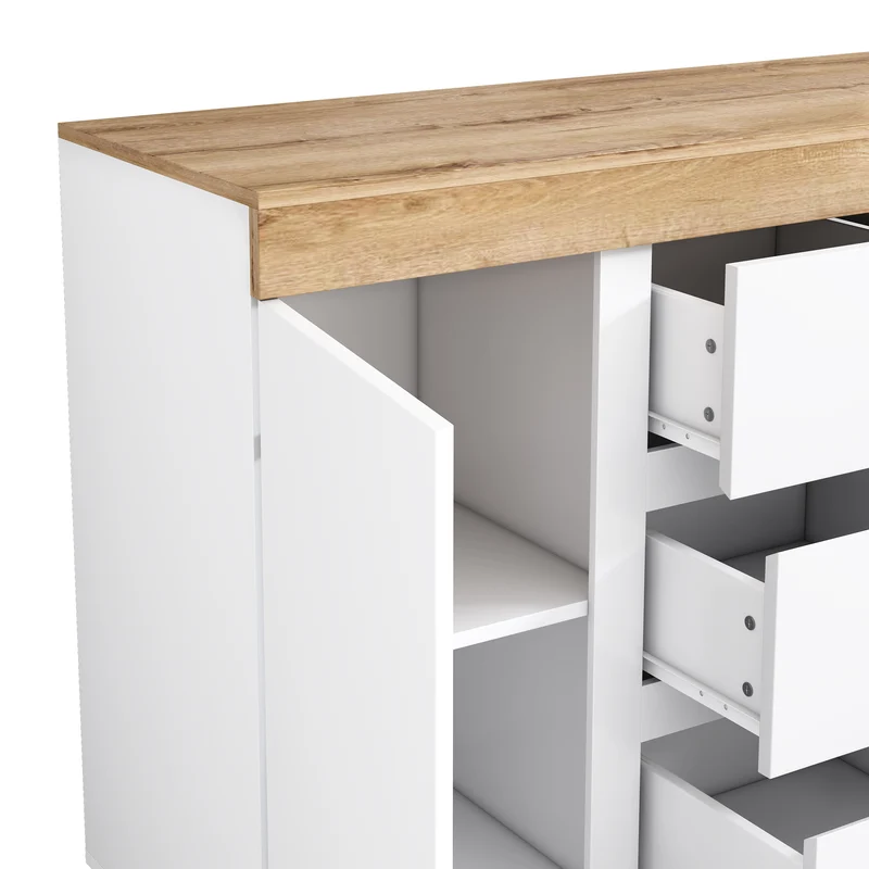 Buffet blanc et effet chêne 3 tiroirs 2 portes 120,5 * 40,2 *82,5 cm CASCADEORBIT