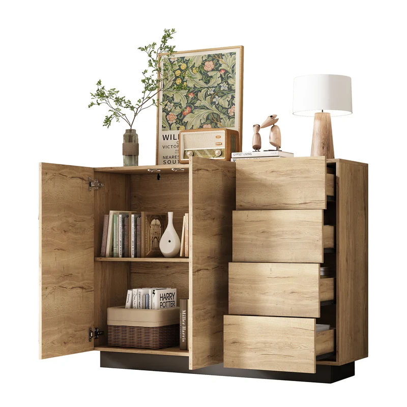 Buffet effet bois 2 portes 4 tiroirs 120x35,5x90,5 cm SOLSTICELRE