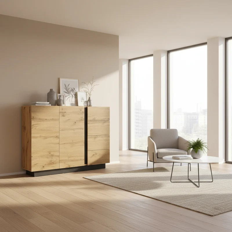 Buffet effet bois 2 portes 4 tiroirs 120x35,5x90,5 cm SOLSTICELRE