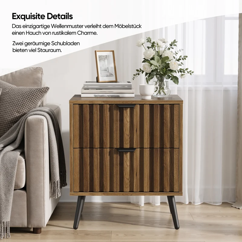 Table de chevet effet noyer 2 tiroirs sculptées 45x40x53cm FOCUSLS
