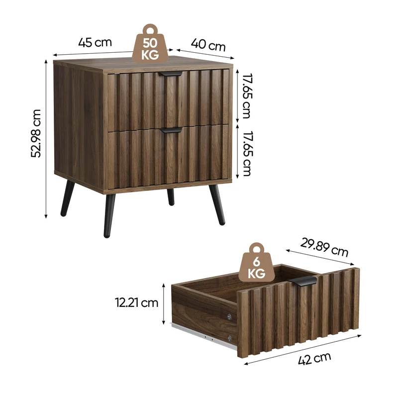 Table de chevet effet noyer 2 tiroirs sculptées 45x40x53cm FOCUSLS