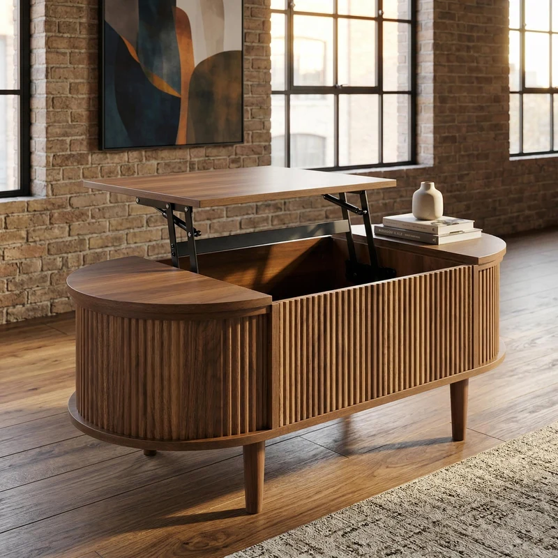 Table basse ovale rélevable effet noyer vintage 2 portes 100x48cm FLAREARAA