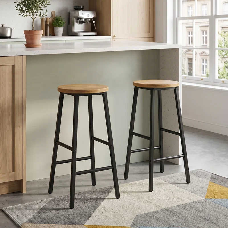 Lot de 2 tabourets de bar industriel effet bois 63cm, pieds métal noir MODERNLINENELITE