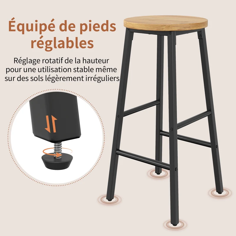 Lot de 2 tabourets de bar industriel effet bois 63cm, pieds métal noir MODERNLINENELITE