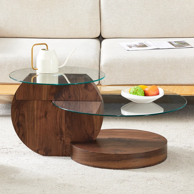 Table basse minimaliste effet noyer 2 verres trempés 90x70x44cm QUANTALAL