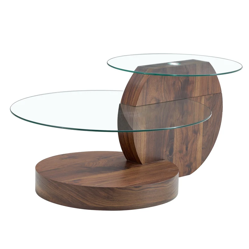 Table basse minimaliste effet noyer 2 verres trempés 90x70x44cm QUANTALAL