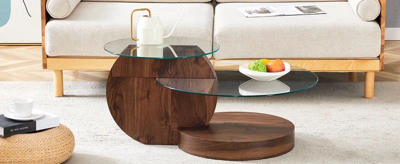 Table basse minimaliste effet noyer 2 verres trempés 90x70x44cm QUANTALAL