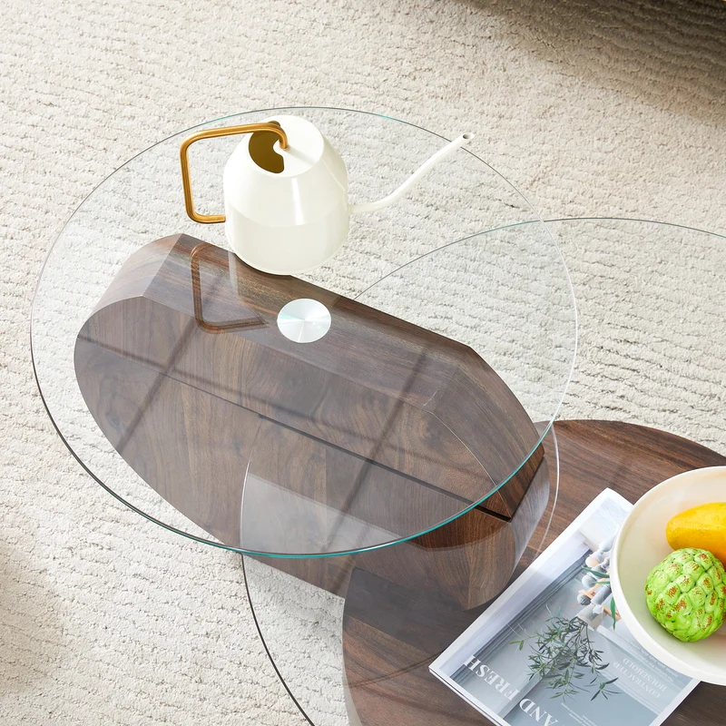 Table basse minimaliste effet noyer 2 verres trempés 90x70x44cm QUANTALAL