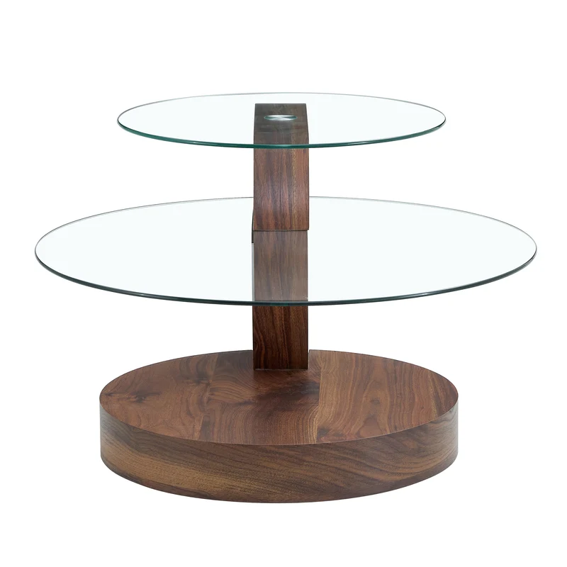 Table basse minimaliste effet noyer 2 verres trempés 90x70x44cm QUANTALAL