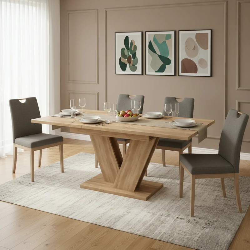 Table de salle à manger extensible effet chêne 4-6 personnes, pieds en V 140/180x80cm CASCADEMORN