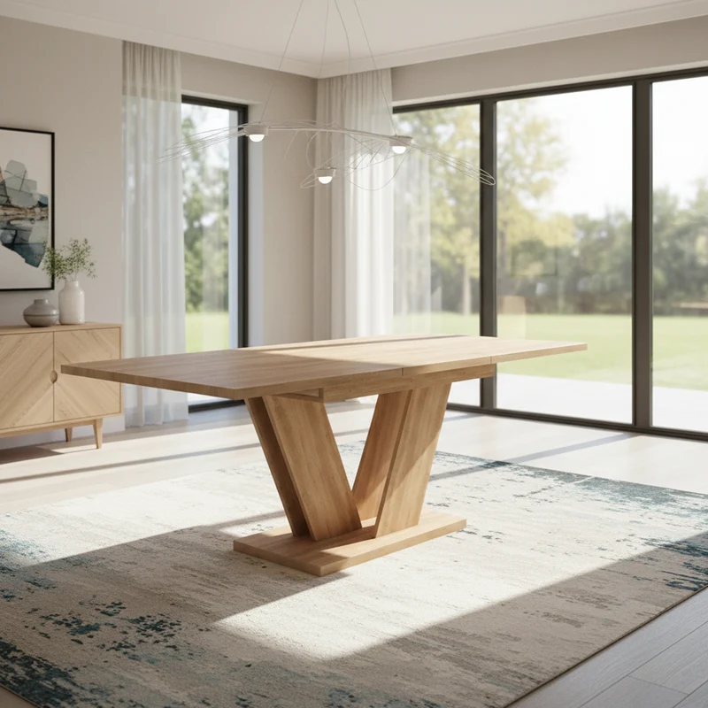 Table de salle à manger extensible effet chêne 4-6 personnes, pieds en V 140/180x80cm CASCADEMORN
