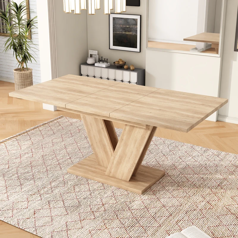 Table de salle à manger extensible effet chêne 4-6 personnes, pieds en V 140/180x80cm CASCADEMORN