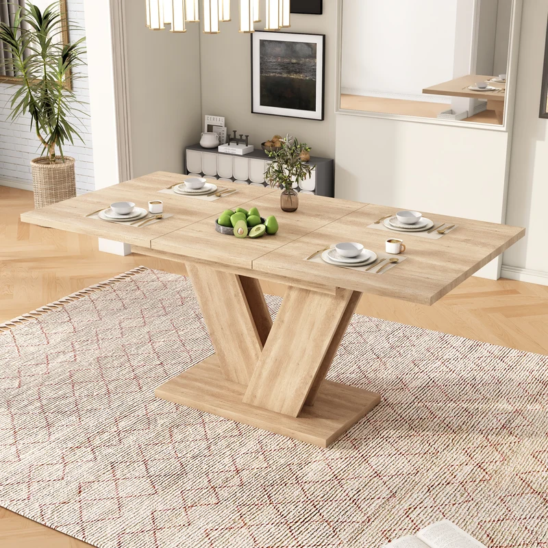 Table de salle à manger extensible effet chêne 4-6 personnes, pieds en V 140/180x80cm CASCADEMORN
