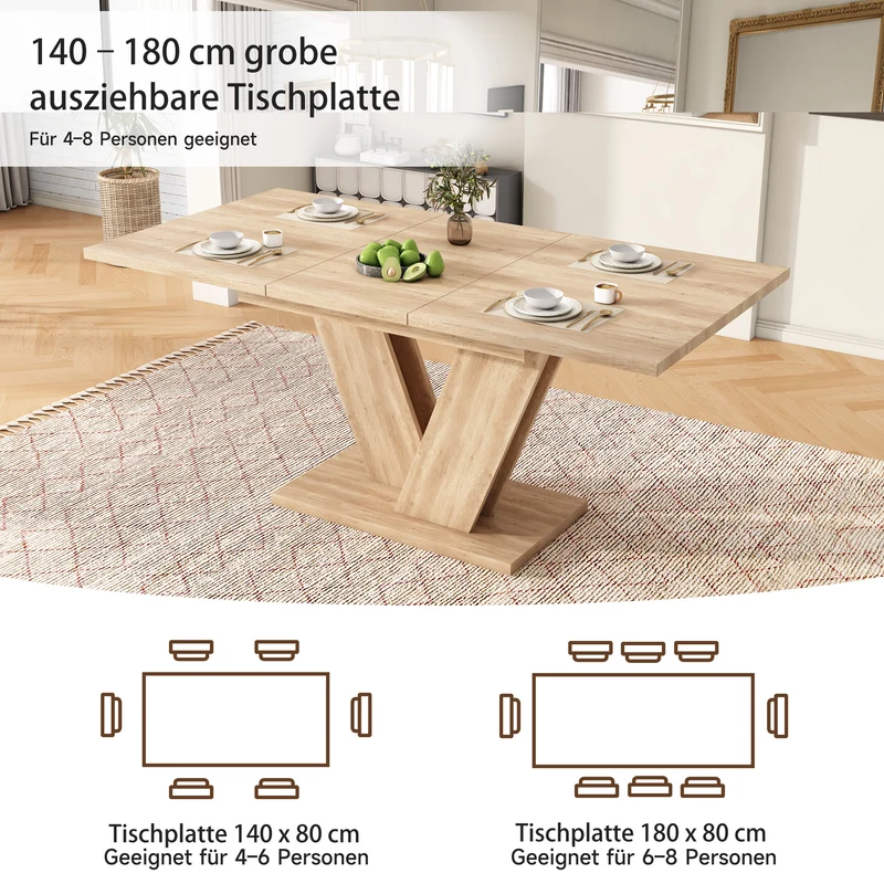 Table de salle à manger extensible effet chêne 4-6 personnes, pieds en V 140/180x80cm CASCADEMORN