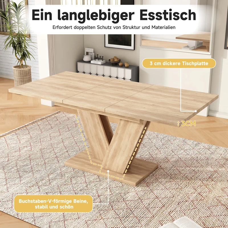 Table de salle à manger extensible effet chêne 4-6 personnes, pieds en V 140/180x80cm CASCADEMORN