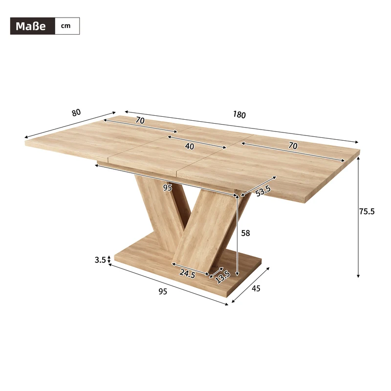 Table de salle à manger extensible effet chêne 4-6 personnes, pieds en V 140/180x80cm CASCADEMORN