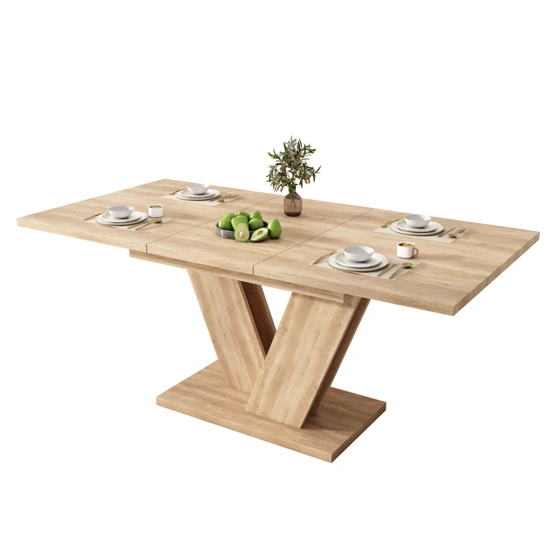 Table de salle à manger extensible effet chêne 4-6 personnes, pieds en V 140/180x80cm CASCADEMORN