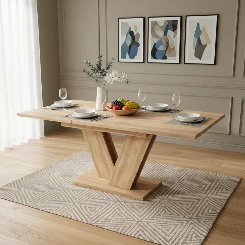 Table de salle à manger extensible effet chêne 4-6 personnes, pieds en V 140/180x80cm CASCADEMORN