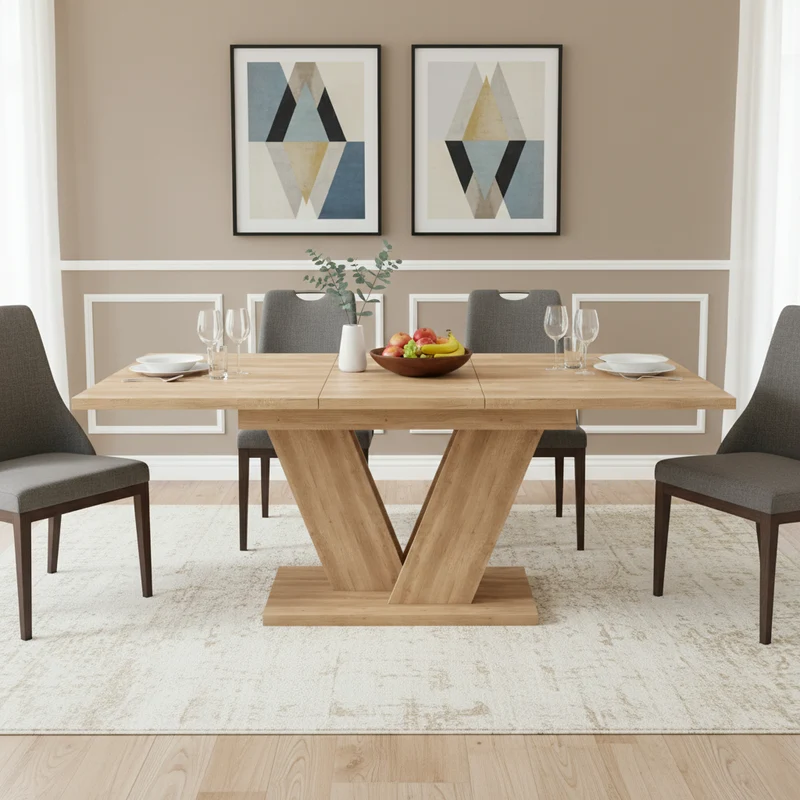 Table de salle à manger extensible effet chêne 4-6 personnes, pieds en V 140/180x80cm CASCADEMORN