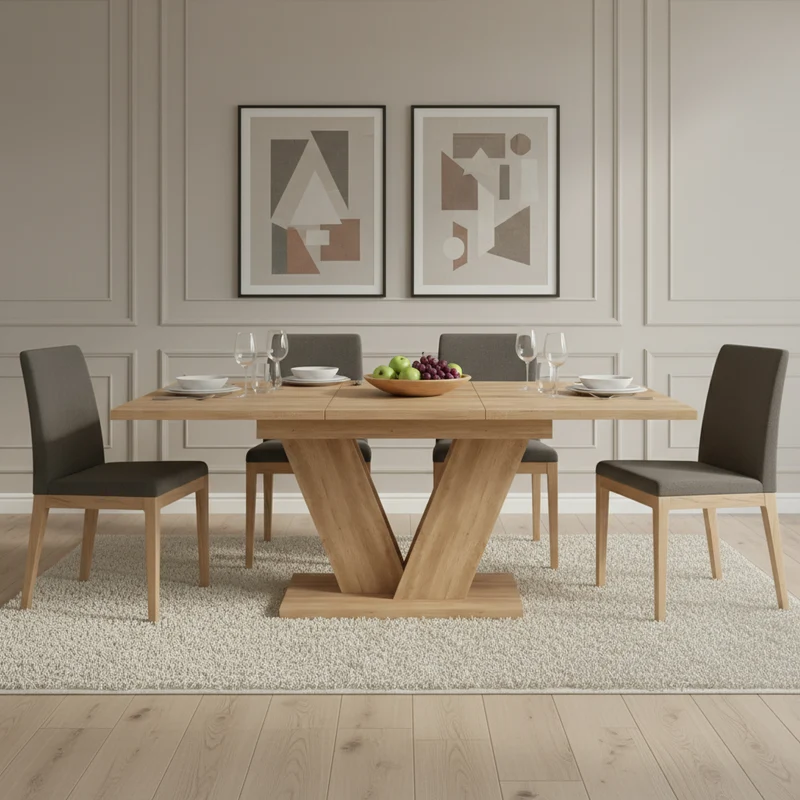 Table de salle à manger extensible effet chêne 4-6 personnes, pieds en V 140/180x80cm CASCADEMORN