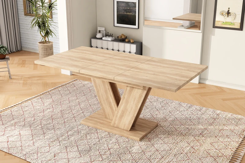 Table de salle à manger extensible effet chêne 4-6 personnes, pieds en V 140/180x80cm CASCADEMORN