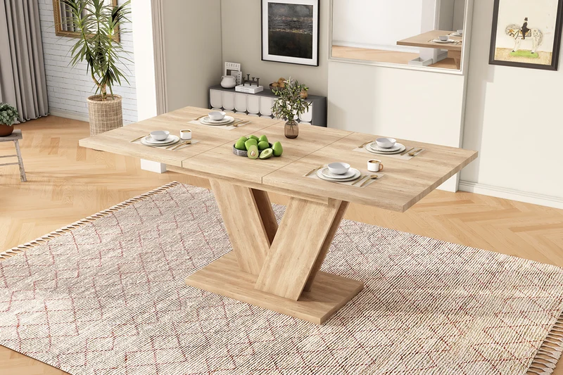 Table de salle à manger extensible effet chêne 4-6 personnes, pieds en V 140/180x80cm CASCADEMORN