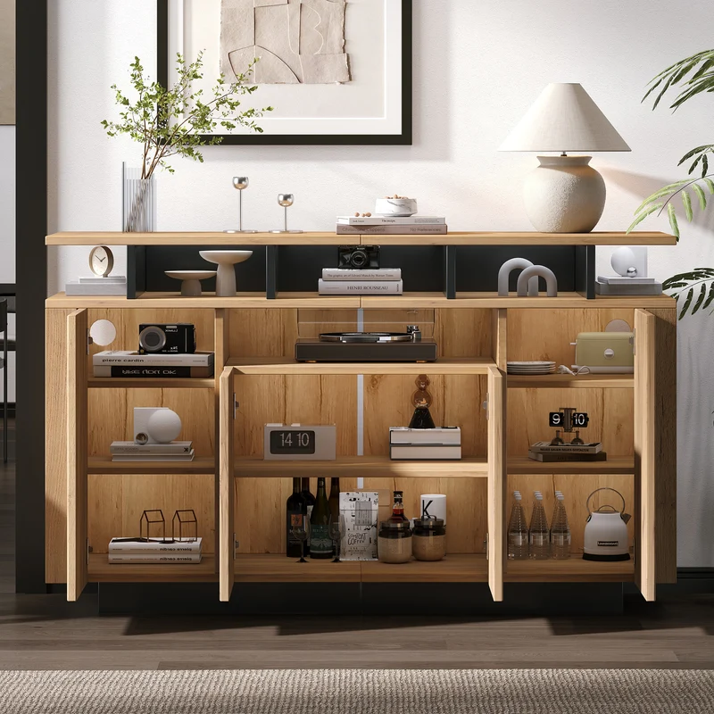 Buffet effet bois naturel 4 niches ouverts 4 portes 140x40x85cm TERRALCA