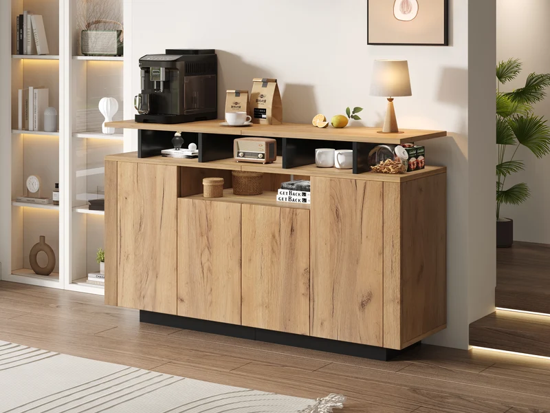 Buffet effet bois naturel 4 niches ouverts 4 portes 140x40x85cm TERRALCA