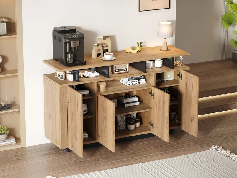 Buffet effet bois naturel 4 niches ouverts 4 portes 140x40x85cm TERRALCA