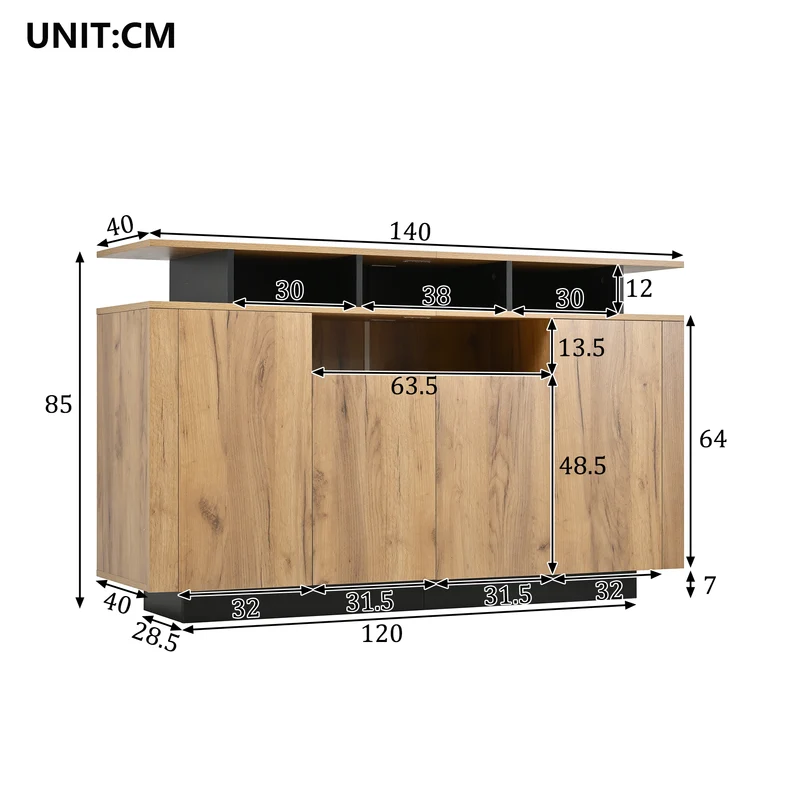 Buffet effet bois naturel 4 niches ouverts 4 portes 140x40x85cm TERRALCA