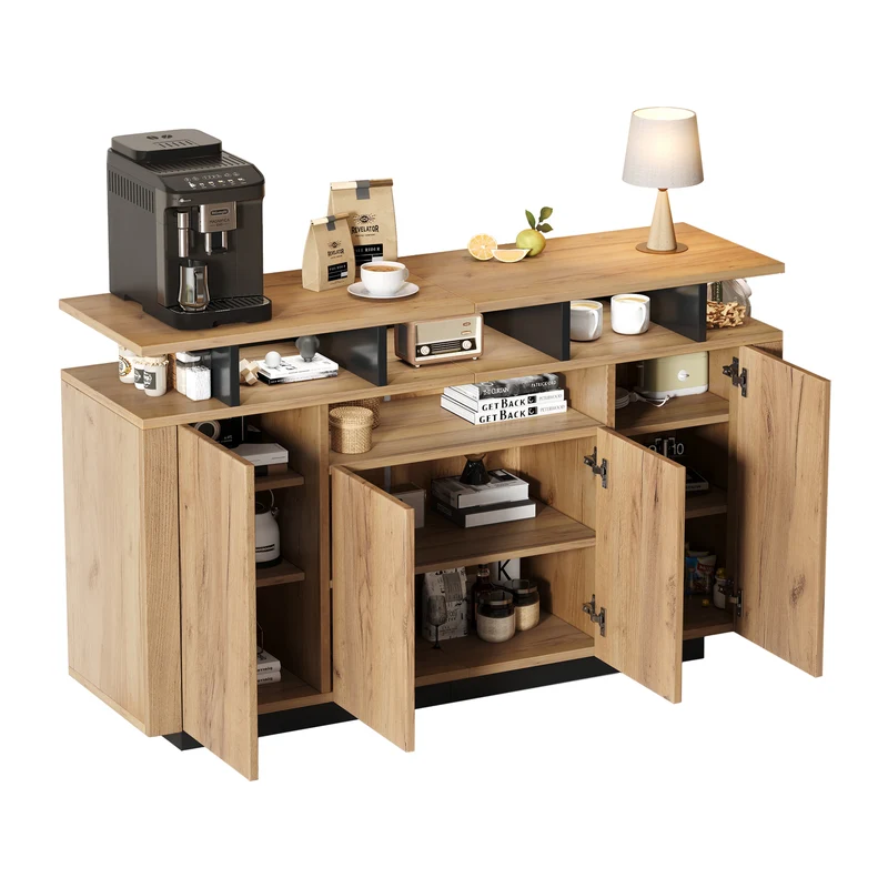 Buffet effet bois naturel 4 niches ouverts 4 portes 140x40x85cm TERRALCA