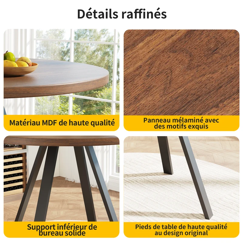 Table de salle à manger ronde&rétro effet noyer 80x80x75cm ALIGNLUM
