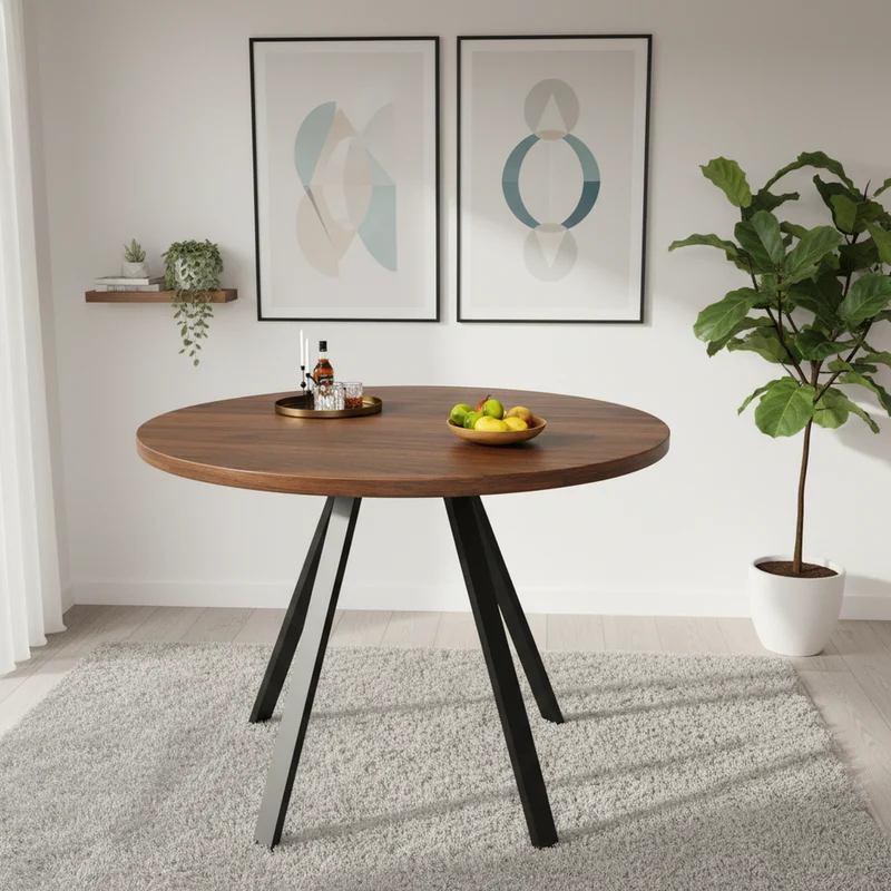 Table de salle à manger ronde&rétro effet noyer 80x80x75cm ALIGNLUM