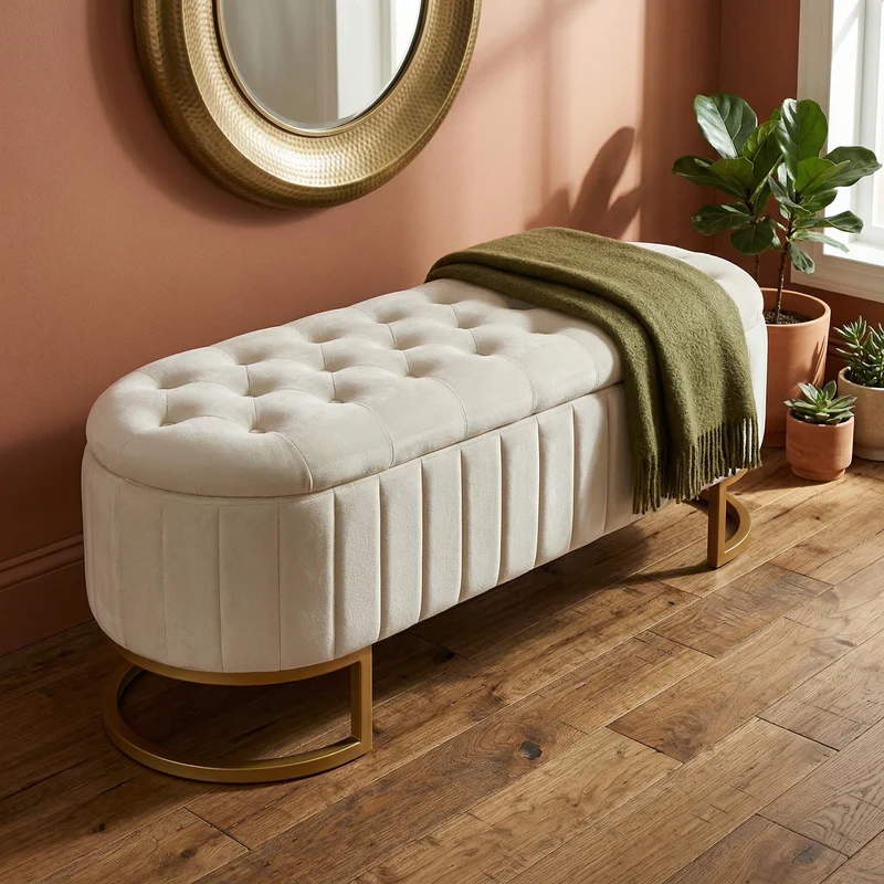 Banquette pouf capitonné en velours beige avec pieds dorés RIFTRYLATHYN