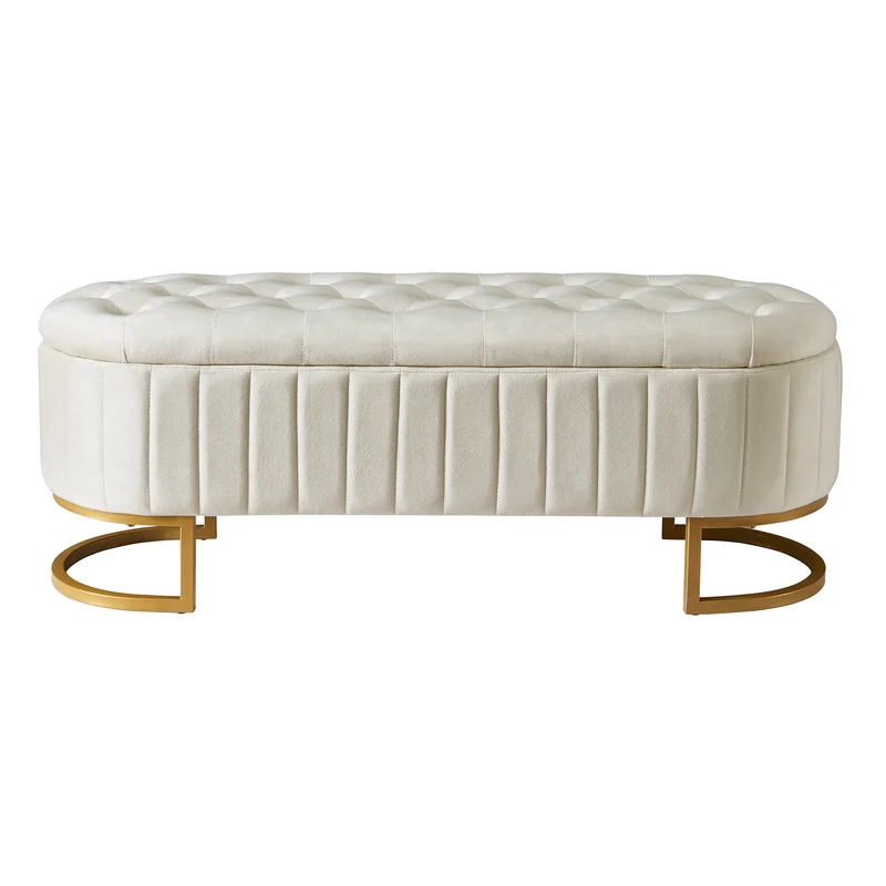 Banquette pouf capitonné en velours beige avec pieds dorés RIFTRYLATHYN