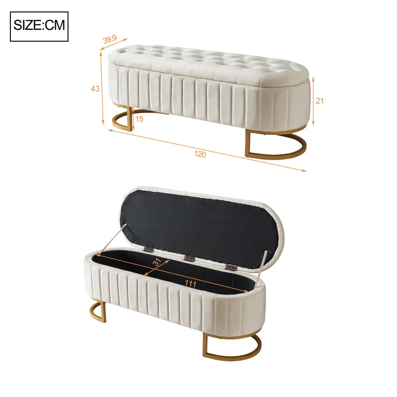 Banquette pouf capitonné en velours beige avec pieds dorés RIFTRYLATHYN