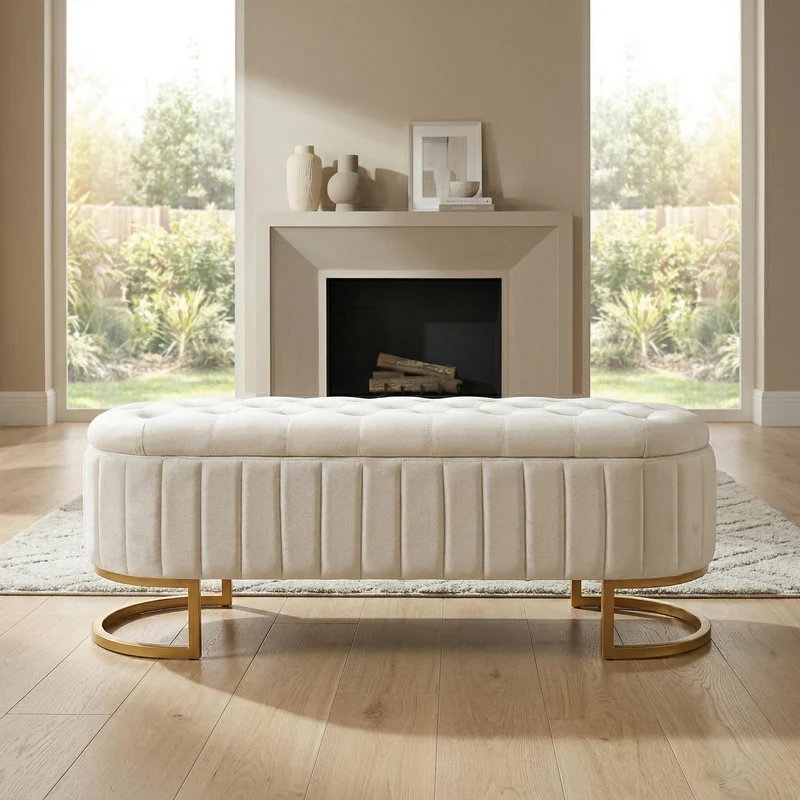 Banquette pouf capitonné en velours beige avec pieds dorés RIFTRYLATHYN