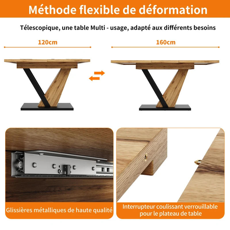 Table à manger extensible effet bois 4-6 personnes 120-160 cm ALUMINUMRUG
